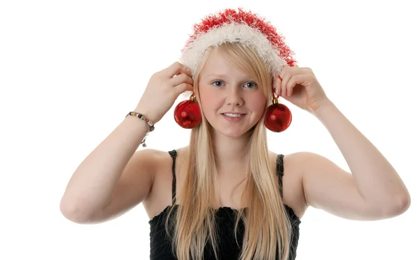 Vacker Blond Flicka Tomtemössa Vit Bakgrund — Stockfoto