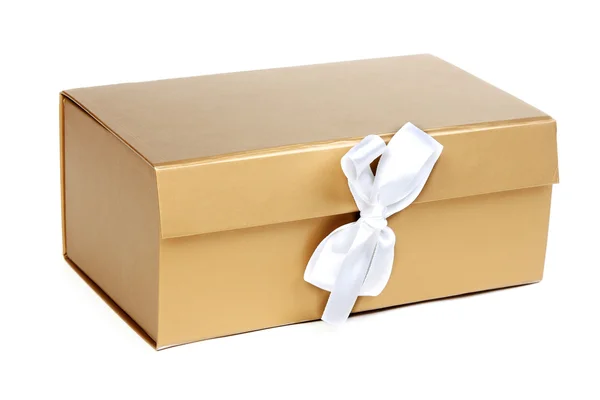 활을 가진 황금 선물 상자 — 스톡 사진