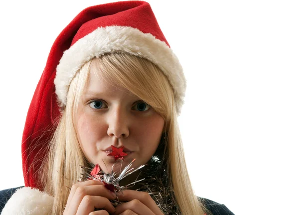 Eine schöne junge Blondine in einem Weihnachtsmann — Stockfoto