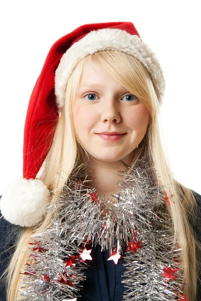 Krásná Mladá Blondýnka Santa Hat Bílém Pozadí — Stock fotografie
