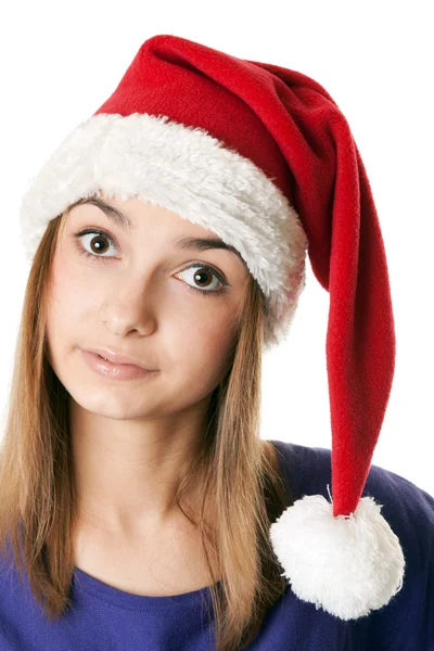 Piękna dziewczyna w czerwony kapelusz santa — Zdjęcie stockowe