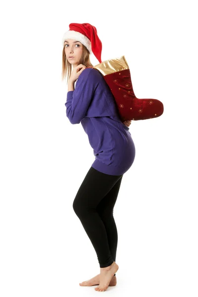 Vacker Flicka Röd Santa Hatt Vit Bakgrund — Stockfoto