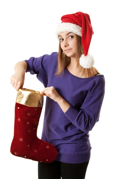 Vacker flicka i röd santa hatt — Stockfoto