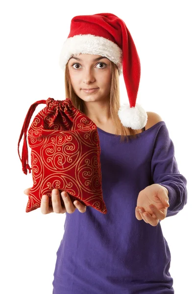 Schönes Mädchen Mit Rotem Weihnachtsmann Hut Auf Weißem Hintergrund — Stockfoto