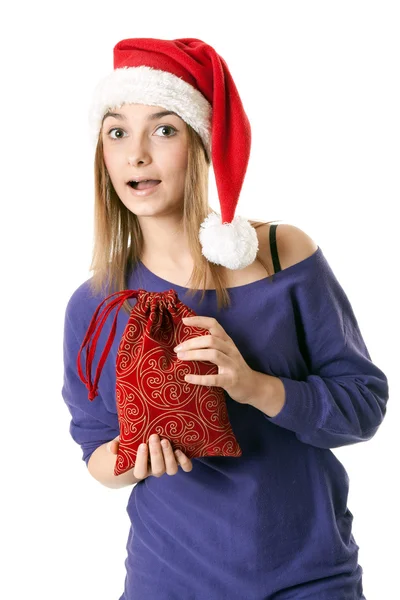 美丽的女孩在白色背景上的红色圣诞帽 — 图库照片