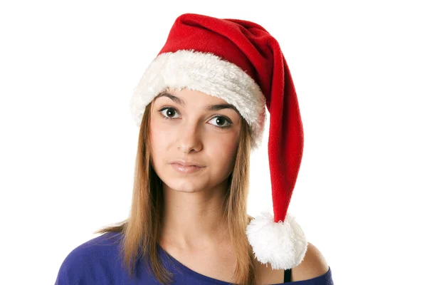 Gyönyörű Lány Piros Santa Kalap Fehér Alapon — Stock Fotó