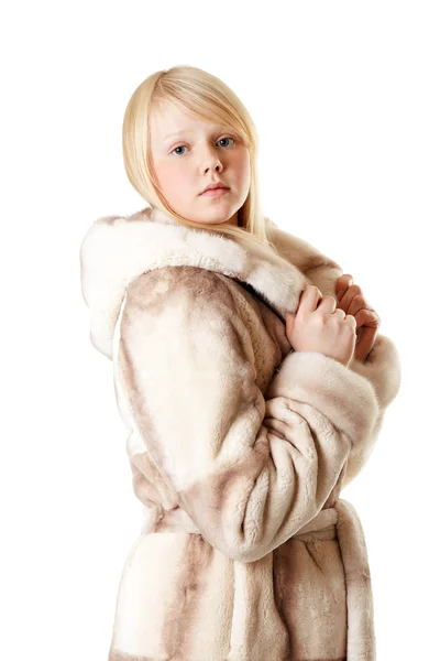 Μια Όμορφη Νεαρή Κοπέλα Ένα Γούνινο Παλτό Λευκό Φόντο — Φωτογραφία Αρχείου