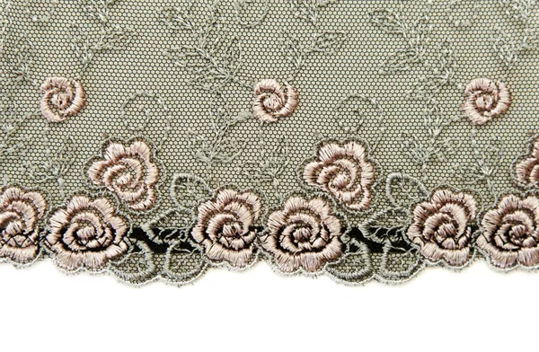 Schwarze Spitze Mit Rosafarbenen Blüten Auf Weißem Hintergrund — Stockfoto
