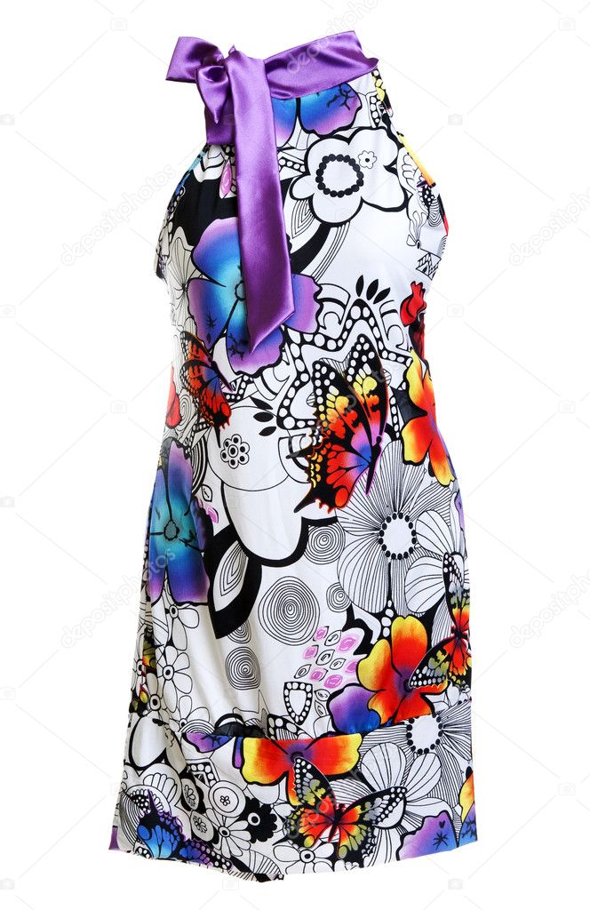 Silk women's light summer dress with a colorful pattern on a white background