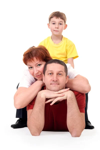Vierköpfige Familie Auf Der Drei Auf Weißem Hintergrund — Stockfoto
