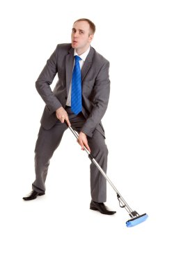 Businessman in a gray suit with a blue mop clipart