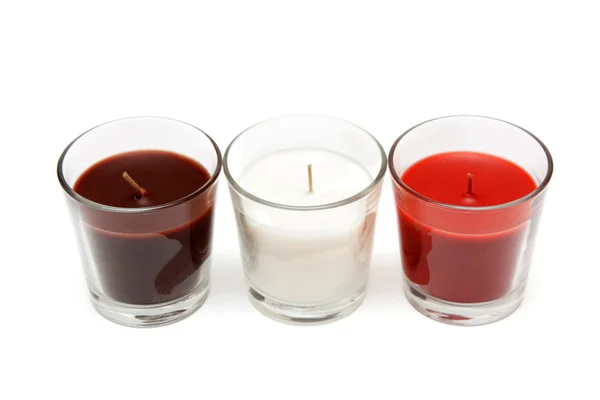 Drei Kerzenständer Aus Glas Mit Farbiger Aromatischer Kerze — Stockfoto