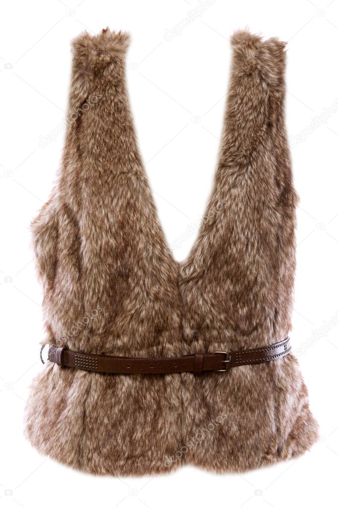 Fur vest with a brown belt with a white background
