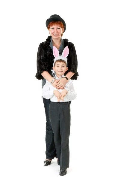 Mother Son Ear Rabbit White Background — Stock Photo, Image