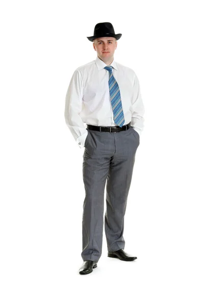 Geschäftsmann Mit Schwarzem Hut Auf Weißem Hintergrund — Stockfoto