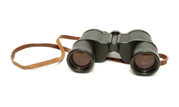 Velhos Óculos Pretos Com Uma Pulseira Couro Fundo Branco — Fotografia de Stock