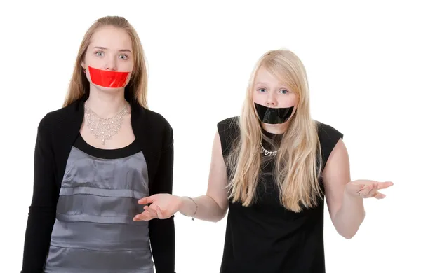 Two Beautiful Girls Mouths Taped Tape — Stock Photo, Image