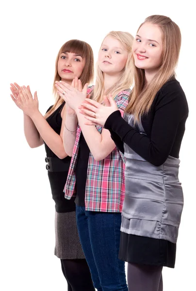 Tres Chicas Jóvenes Aplauden Sobre Fondo Blanco —  Fotos de Stock