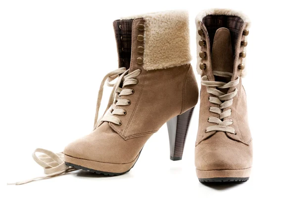 Pair Beige Women Shoes Fur Heel — Stock Photo, Image