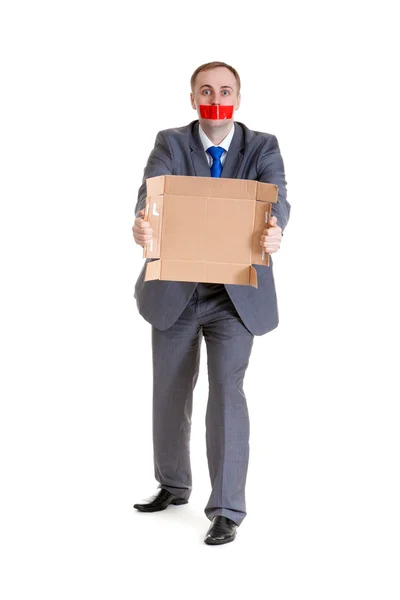 Businessman His Mouth Sealed Red Tape Cardboard Hands — Stock Photo, Image