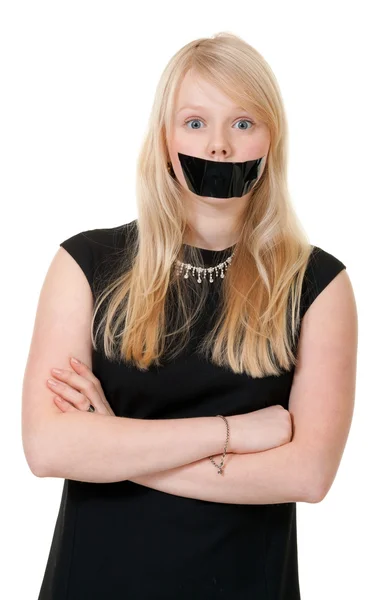 Beautiful Girl Her Mouth Sealed Black Tape — Stock Photo, Image