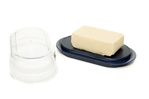 Stück Butter Auf Dem Öler Blau Mit Transparentem Deckel — Stockfoto