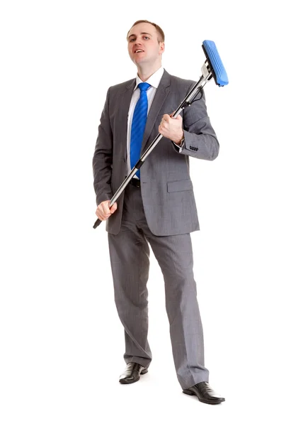 Επιχειρηματίας Ένα Γκρι Κοστούμι Ένα Μπλε Σφουγγαρίστρα — Φωτογραφία Αρχείου