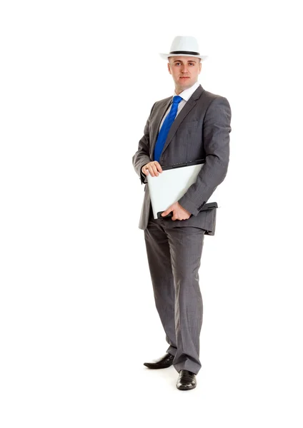 Mladý Podnikatel Obleku Klobouku Notebookem — Stock fotografie
