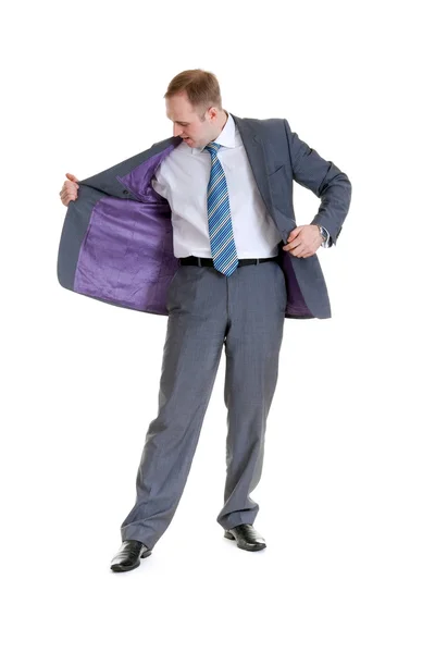 Hombre Negocios Mirando Bolsillo Chaqueta Sobre Fondo Blanco — Foto de Stock