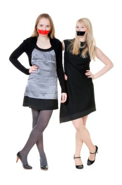 Two beautiful girls with their mouths taped with tape clipart