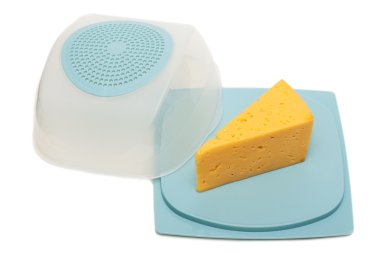 Piece of fresh cheese in a box for storage clipart