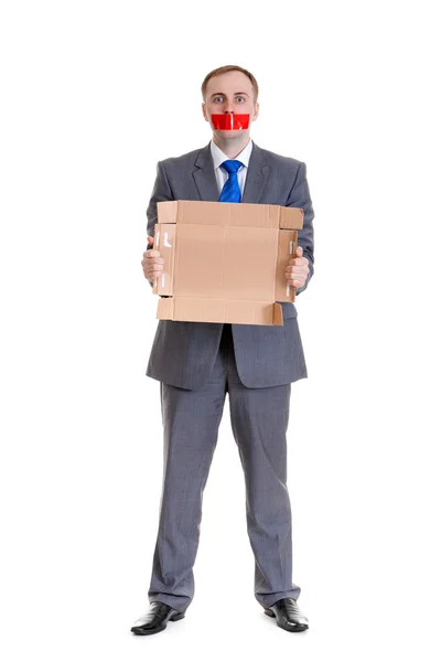 Businessman Separates Red Tape His Mouth — Stock Photo, Image