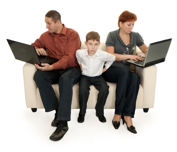 Dad Mom Son Laptop Sitting Couch — Stock Photo, Image