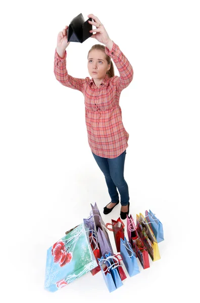 Girl Looks Empty Wallet Next Packages Store — Stock Photo, Image