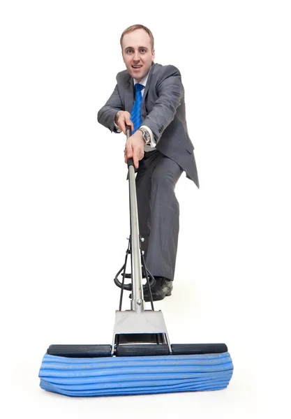 Businessman Mop Washes Floor White Background — Stock Photo, Image