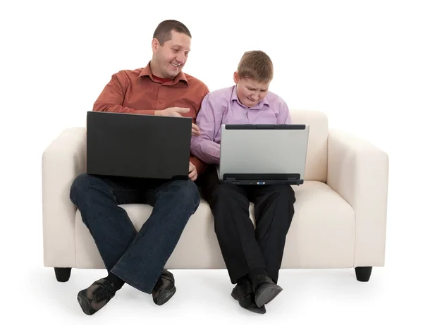 Father Son Sitting Couch Laptops — Stock Photo, Image