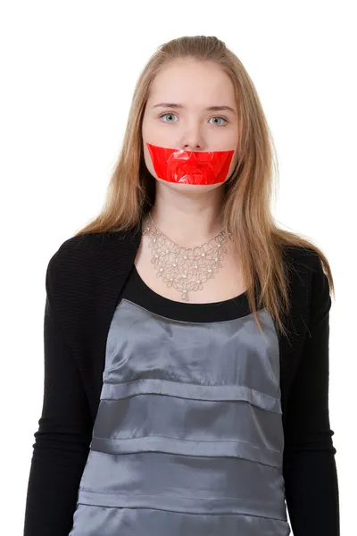 Vacker Flicka Med Hennes Mun Förseglade Med Röd Tejp — Stockfoto