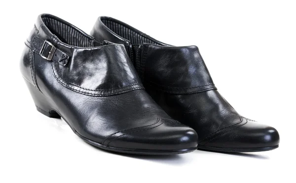 Kadın Ayakkabısı Beyaz Bir Arka Plan Üzerinde Siyah Çift Deri — Stok fotoğraf