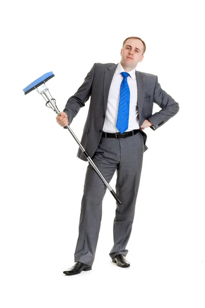 Zakenman Een Grijs Pak Met Een Blauwe Mop — Stockfoto