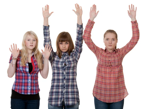 Três Amigos Levantaram Mãos Sobre Fundo Branco — Fotografia de Stock