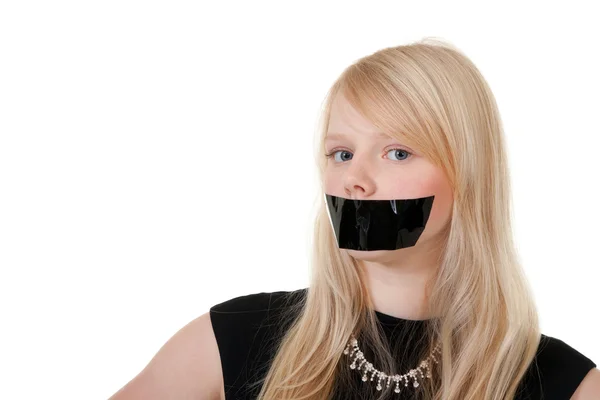 Beautiful Girl Her Mouth Sealed Black Tape — Stock Photo, Image