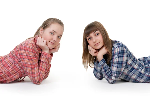 Two Young Beautiful Girls Lying Floor — Stock Photo, Image