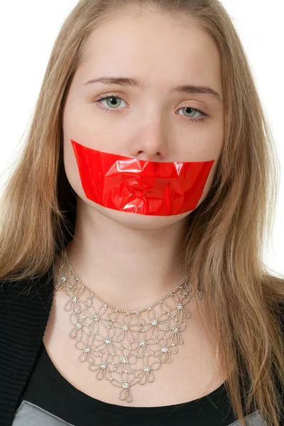 Beautiful Girl Her Mouth Sealed Red Tape — Stock Photo, Image