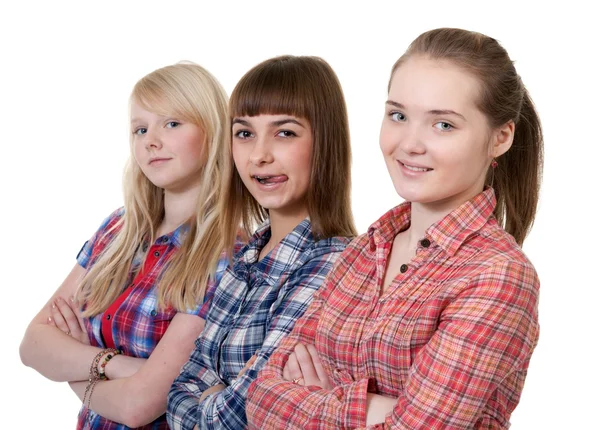 Três Jovens Belas Namoradas Fundo Branco — Fotografia de Stock