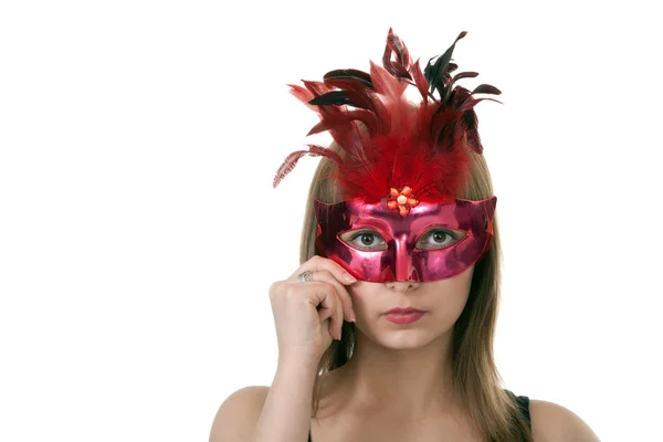 Flickan i den röda maskerad masken — Stockfoto