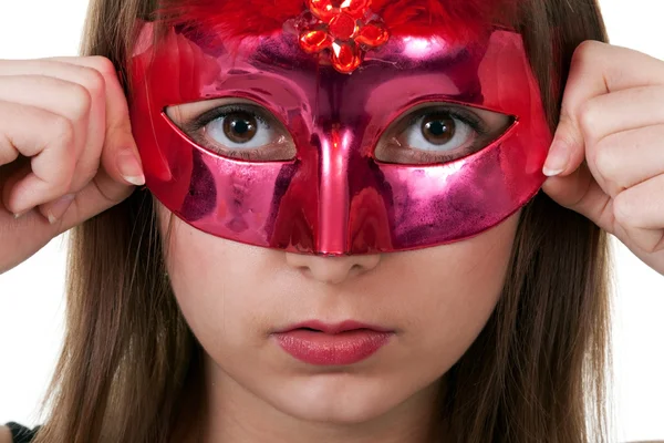 Chica en la máscara de mascarada roja — Foto de Stock