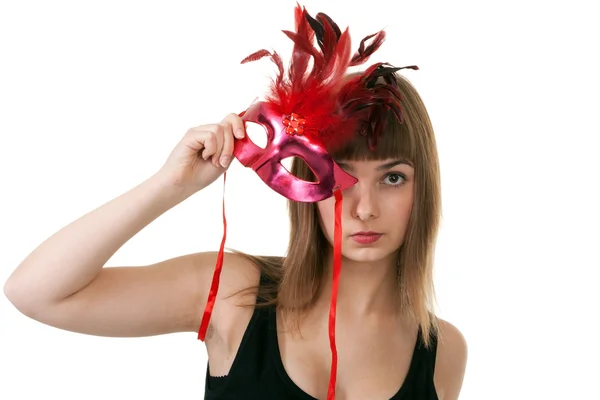 Kırmızı maskeli balo maskeli kız — Stok fotoğraf