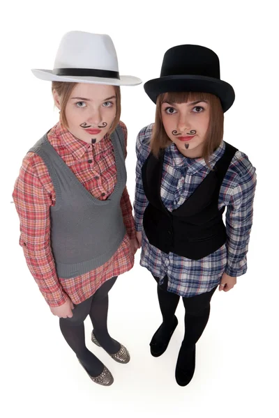 Two girls with painted mustaches — Stock Photo, Image