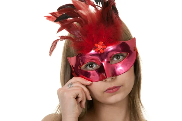 Dívka v červené krycí maska — Stock fotografie