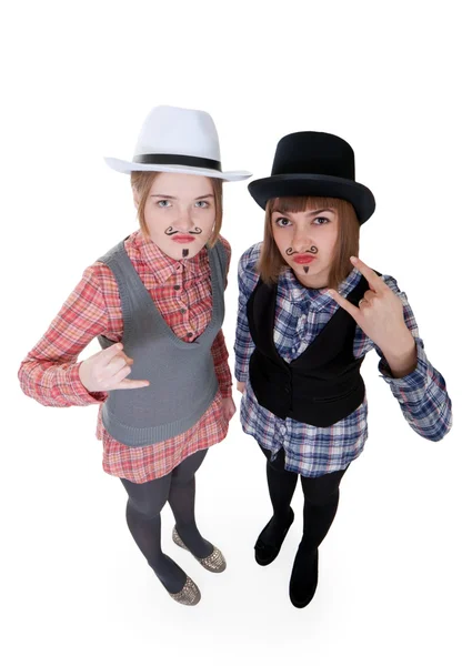 Twee meisjes met geschilderde snorren — Stockfoto